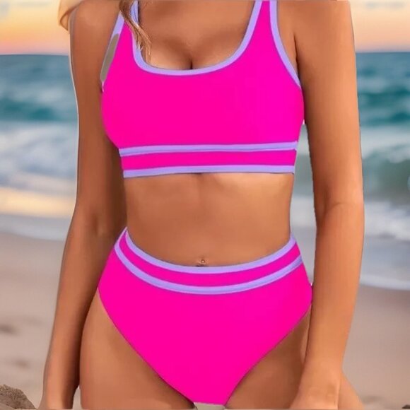 BMJL Swimsuit Women XL Pink Colorblock Sporty Tank 2 Piece Bikini Tummy Control - Picture 1 of 6